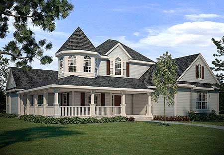 House plan exterior showing a two-story home with a wraparound porch, prominent turret, and multiple gables.