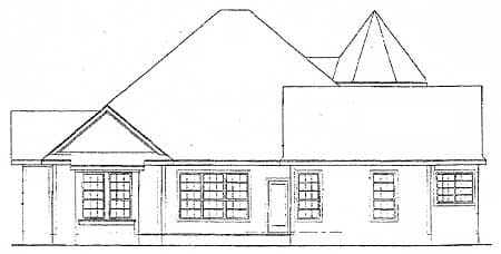 House plan exterior drawing showing a side view with multiple gables, a prominent roofline, and numerous windows.