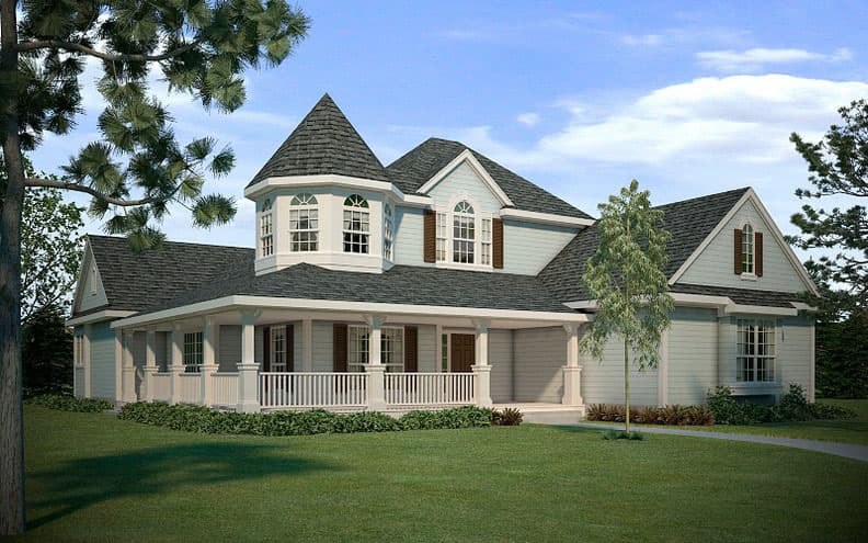 House plan exterior featuring a wraparound porch, turret dormer, and multiple gables.