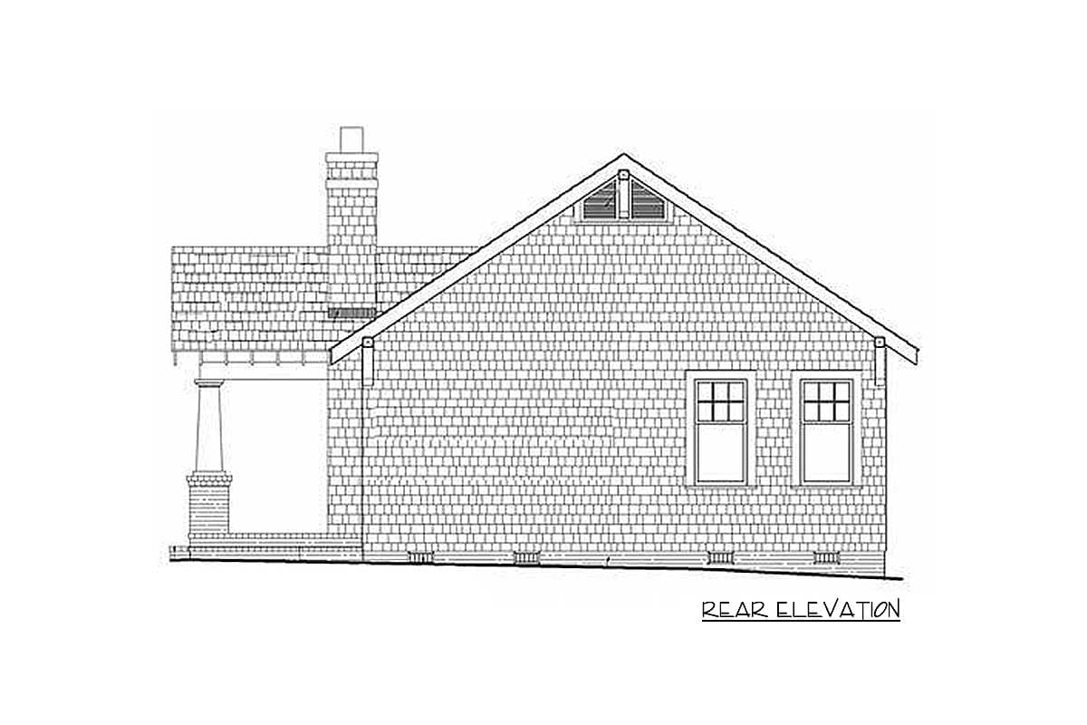 Rear elevation drawing of a house plan featuring a covered porch with a single column, shake siding, a gable vent, and two windows.
