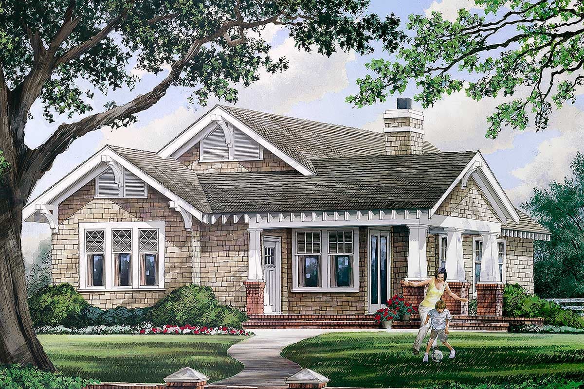 Craftsman style house plan exterior, featuring a deep front porch with columns, multiple gables, and shingle siding.