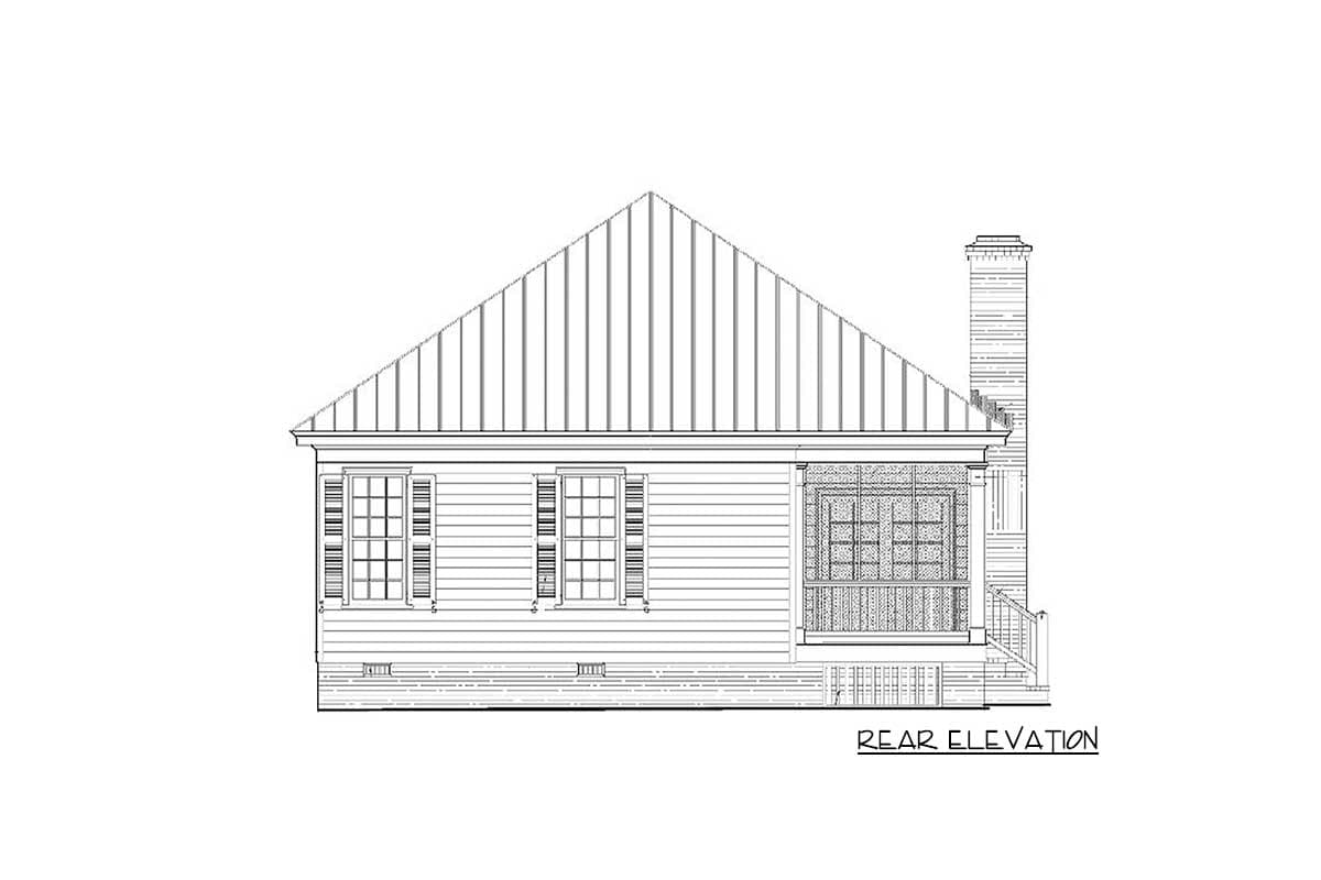 Rear elevation of house plan featuring two windows with shutters, a metal gable roof, chimney, and covered porch with stairs.