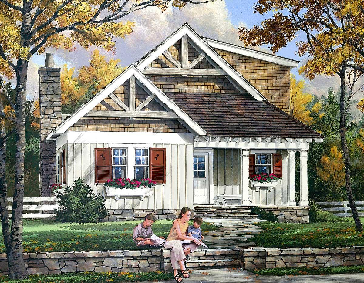 House plan exterior featuring a stone chimney, gables with decorative brackets, shingle siding, and a covered front porch.