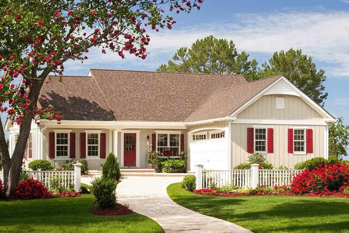 House plan exterior: single-story dwelling with covered entry porch, red door, dormer, and attached garage.