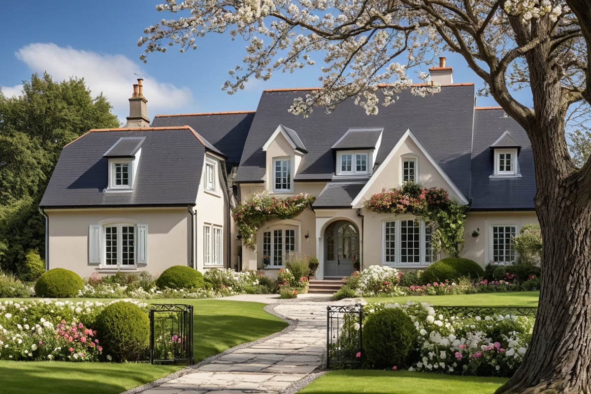 House plan exterior featuring a symmetrical facade, slate roof, dormer windows, and manicured gardens.