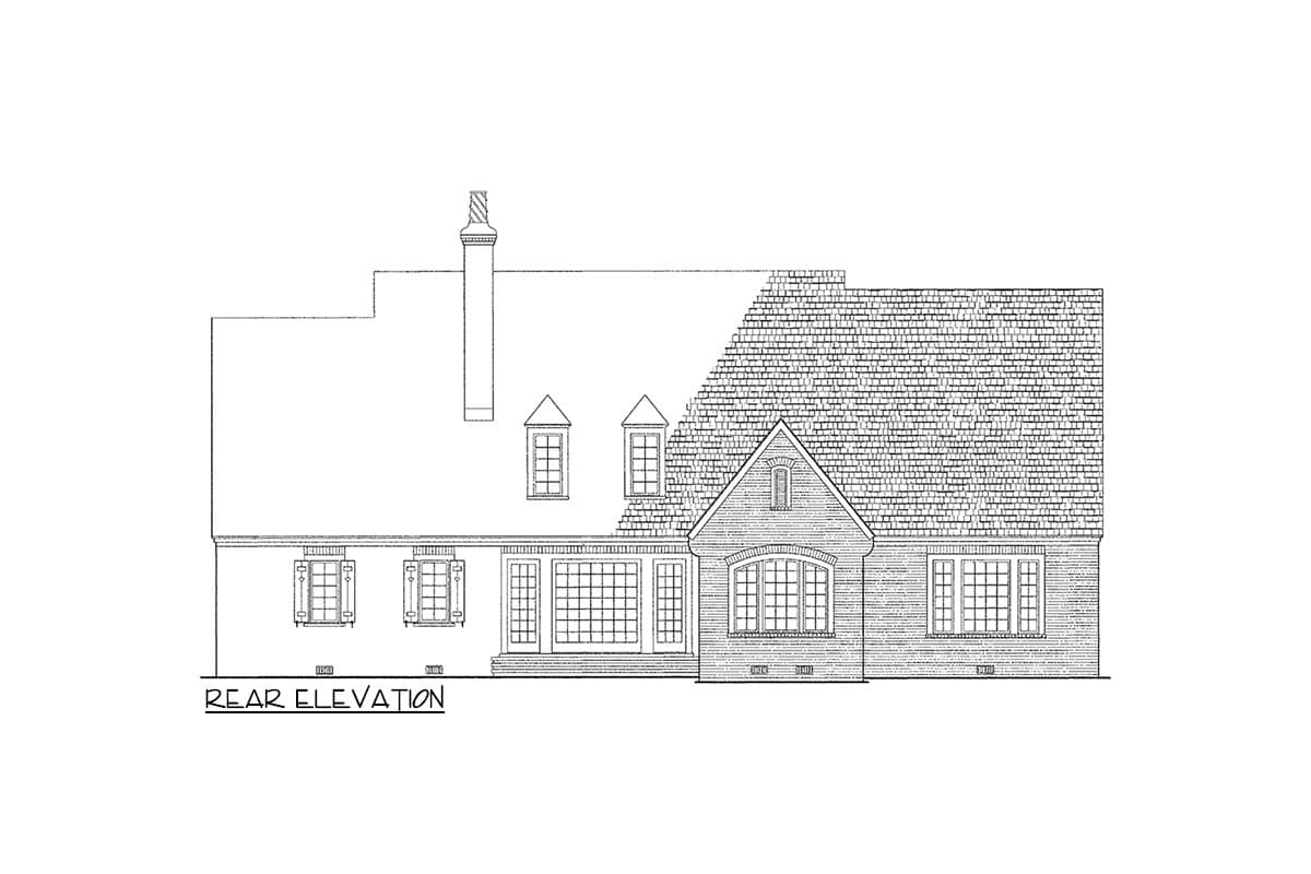 Rear elevation drawing of a house plan with multiple gables, dormers, a prominent chimney, and varied window styles.