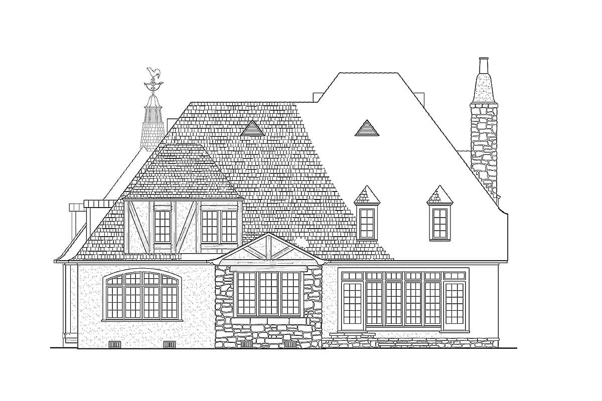 Architectural house plan exterior drawing with dormer windows, cross-gable roof, stone accents, and prominent chimney.
