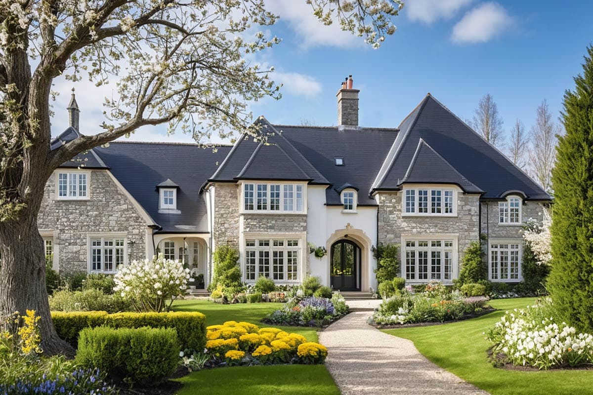 House plan exterior: Stone and white stucco two-story home with dark slate roof, multiple gables, and arched entryway.