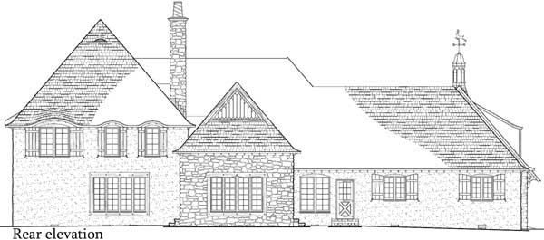 Rear elevation drawing of a two-story house with dormers, stone accents, gabled rooflines, and chimney.