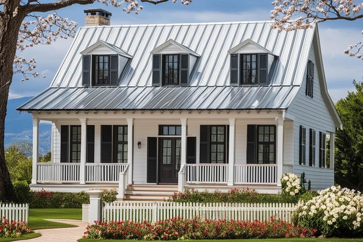 A white farmhouse with a metal roof and black shutters. A white picket fence and blooming bushes surround a wraparound porch and entry.