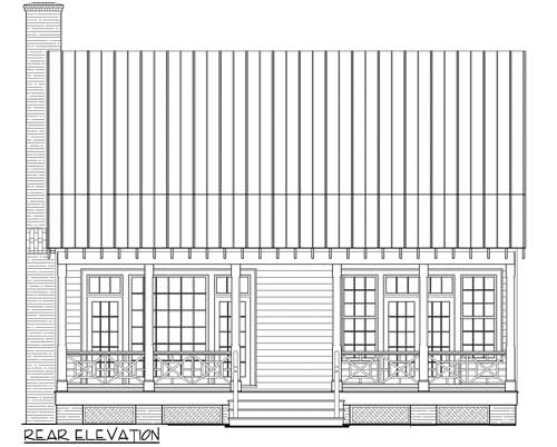 Rear elevation of a house plan showing a metal roof, prominent chimney, and a porch with paneled railings and multi-pane windows.