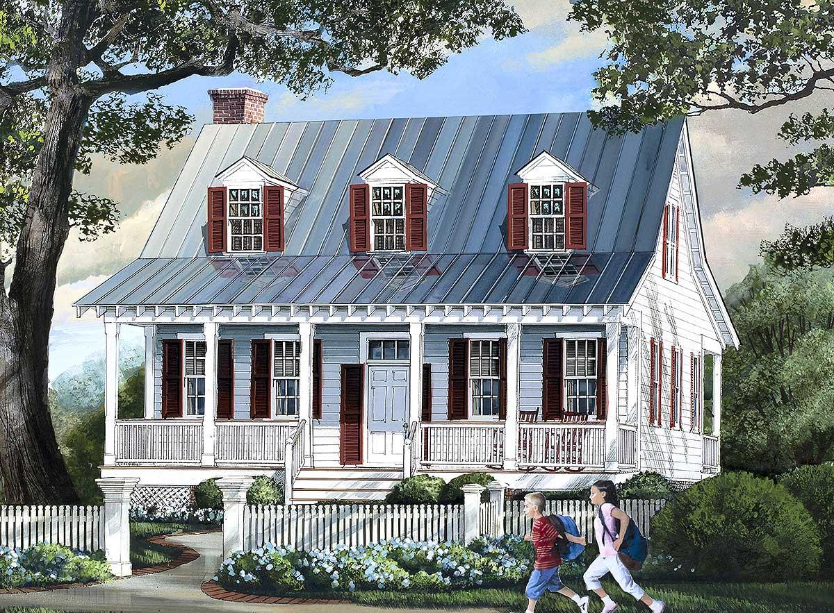 House plan exterior: two-story home with a metal gable roof, three dormers, and a full-width front porch with columns.
