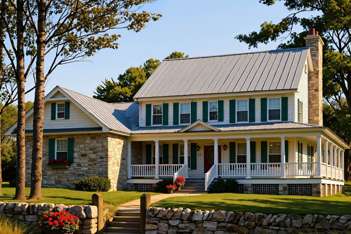 House plan exterior: two-story farmhouse with stone facade, wrap-around porch, metal roof, and prominent chimney.