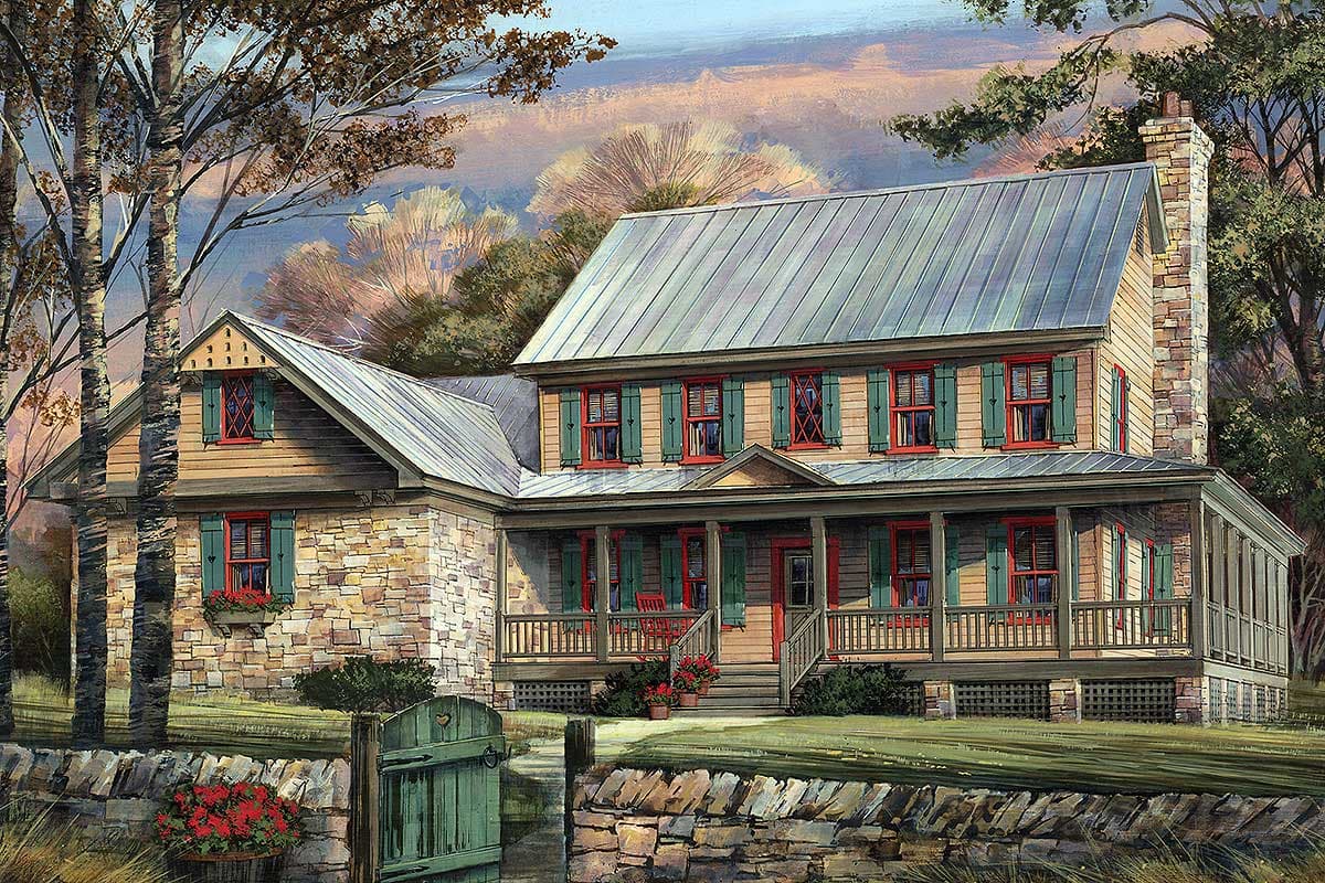 House plan exterior: Two-story home with stone and wood siding, metal roof, wraparound porch, and dormers.