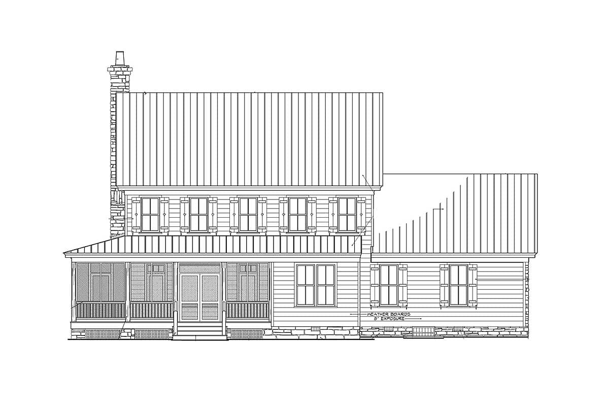 House plan exterior drawing showing a two-story structure with a wraparound porch, metal roof, stone foundation, and double-hung windows.