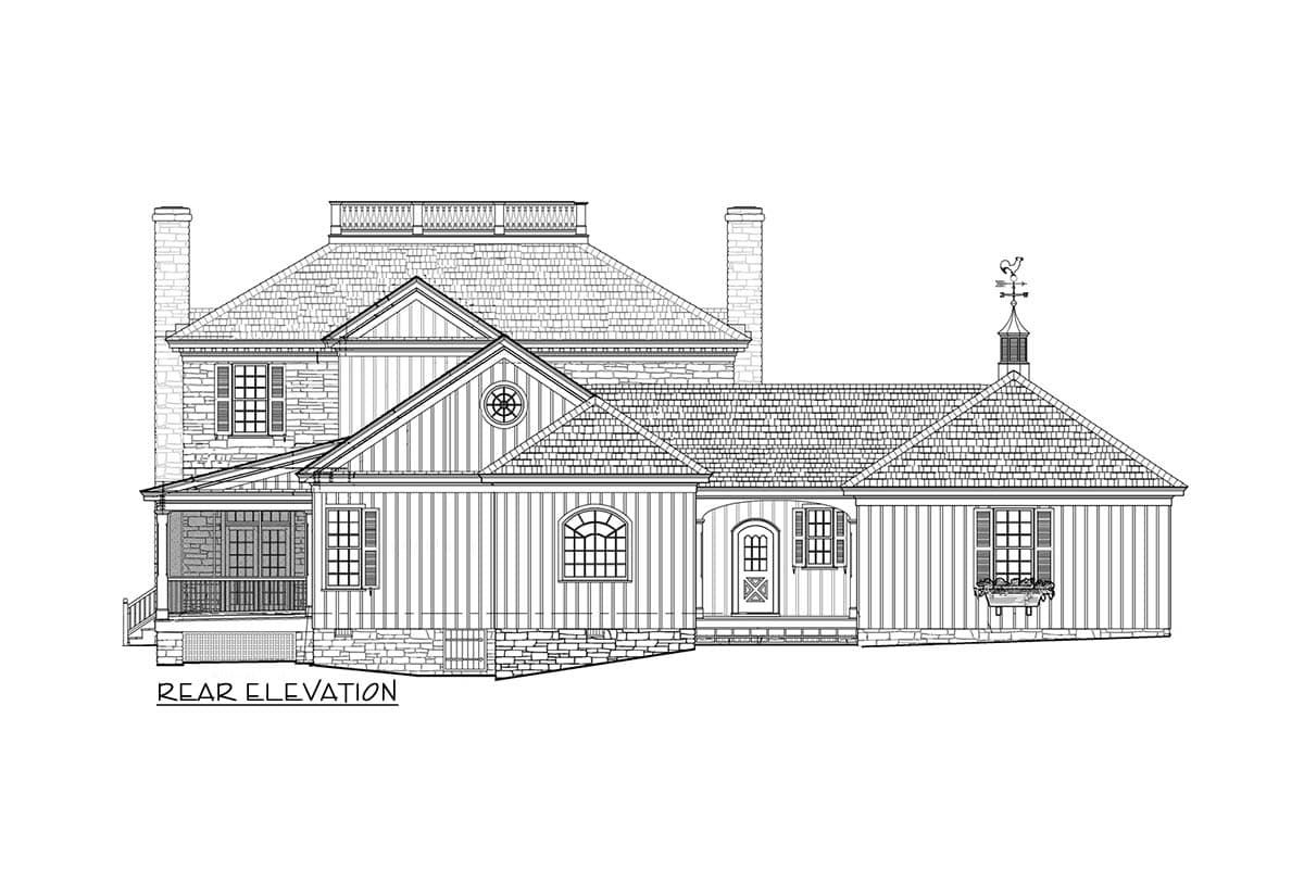 Rear elevation house plan with gabled roof, dormer, shutters, and stone foundation.