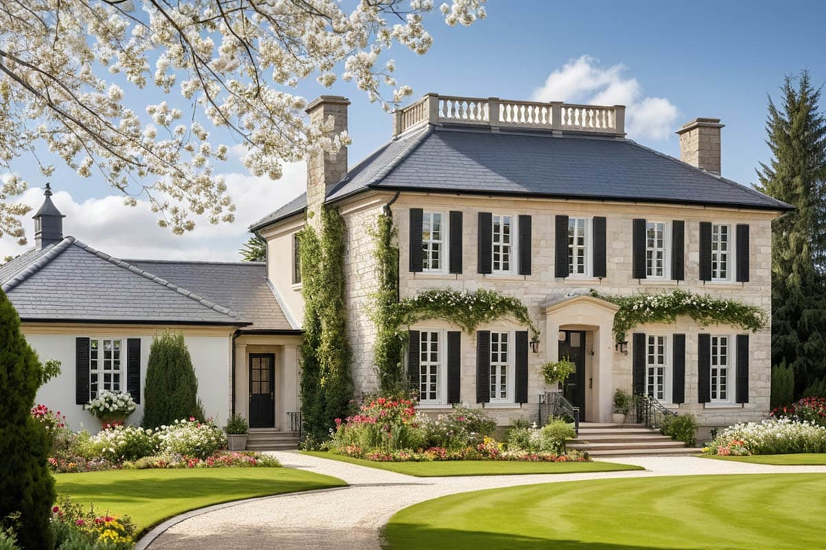 House plan exterior: Georgian-style, three-story stone residence with symmetrical facade, black shutters, and central portico.