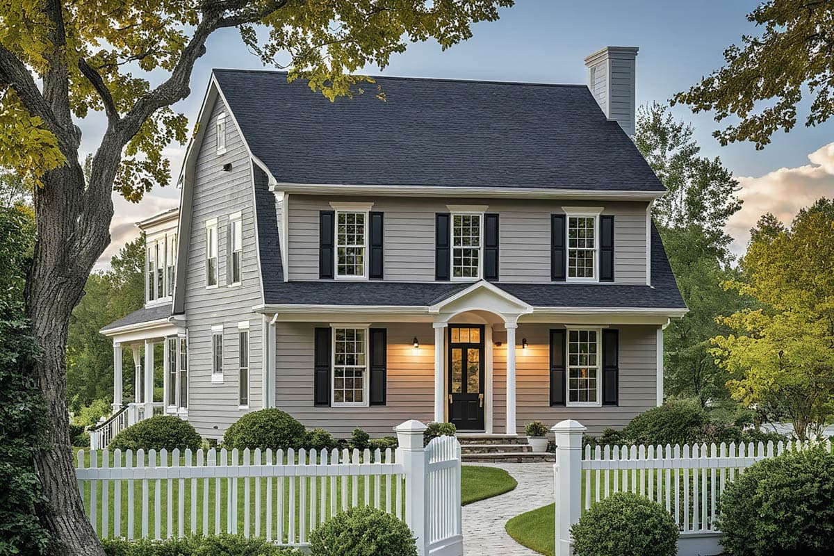 Two-story house plan exterior with dormers, gables, side porch, and a prominent front entryway with arched support.