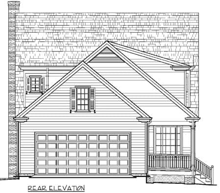 Rear elevation drawing of a house plan featuring a large garage door, side porch, dormer window, and chimney.