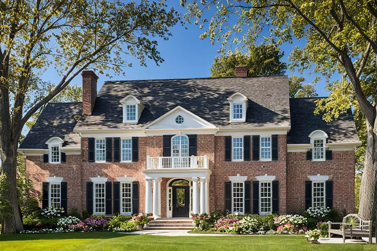 Colonial style house plan exterior with brick facade, symmetrical windows, central portico with balcony, and multiple gables.