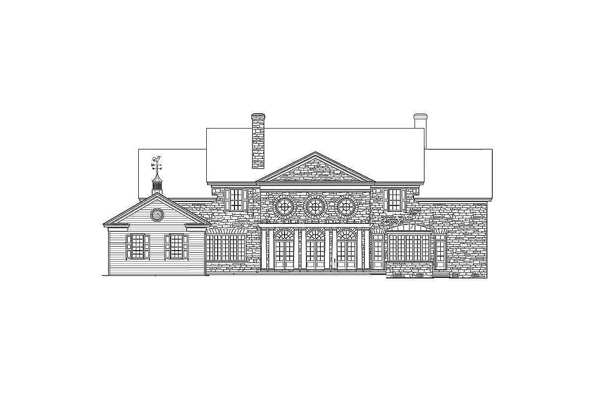 House plan exterior drawing with stone facade, symmetrical fenestration, arched entries, and a central pediment.