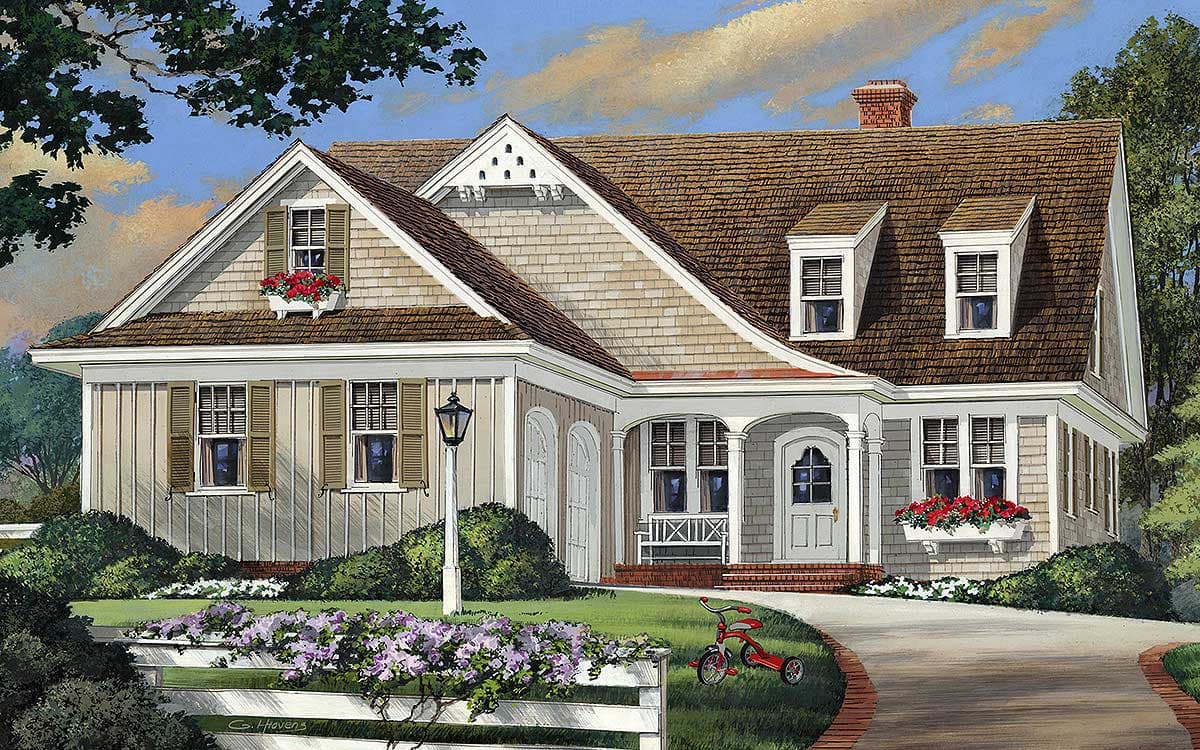 House plan exterior: Cottage style, 1.5 stories, with a covered front porch, dormer windows, and prominent gables.