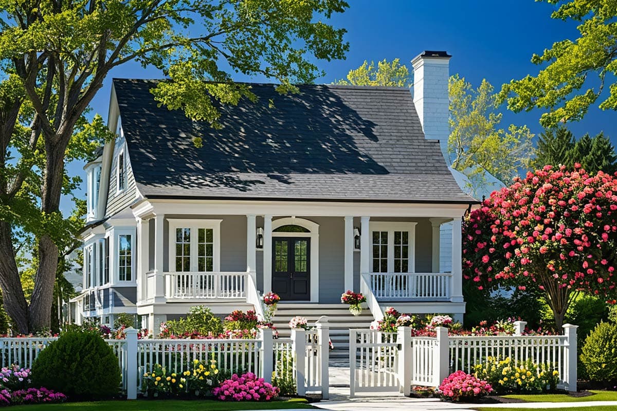 House plan exterior: two-story home with a covered porch, double-door entry, bay windows, and gabled dormers.