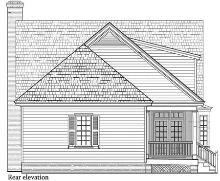 Rear elevation of a house plan showing a shingled roof, gabled dormer, chimney, shutters, and covered porch with railing.