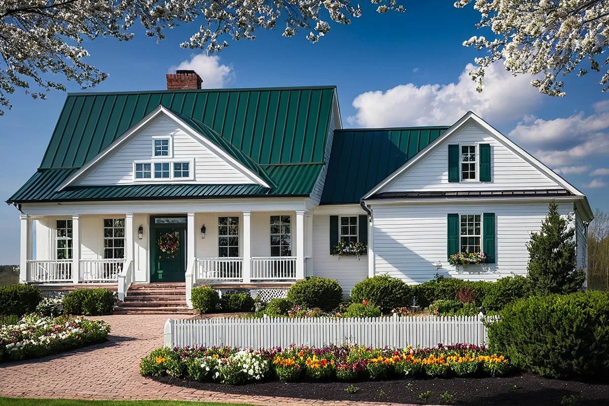 House plan exterior: two-story Modern Farmhouse with white siding, green metal roof, full front porch, and gable dormers.