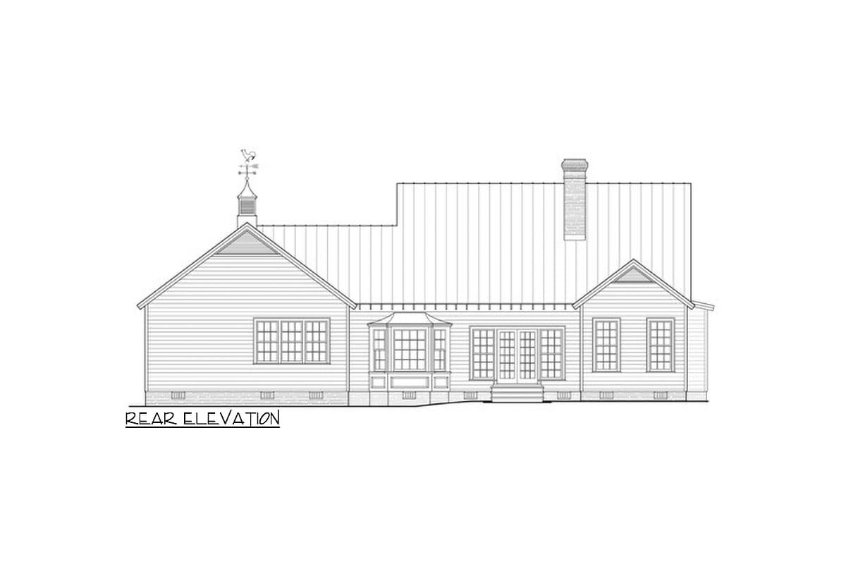 Rear elevation of a house plan featuring a cupola, chimney, bay window, and double doors.