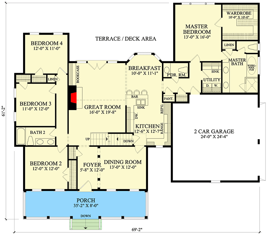 Plan 32424WP: 4-Bed Country Home with Bonus Space Above - 2278 Sq Ft - Floor Plan - Main Level - Country, Traditional