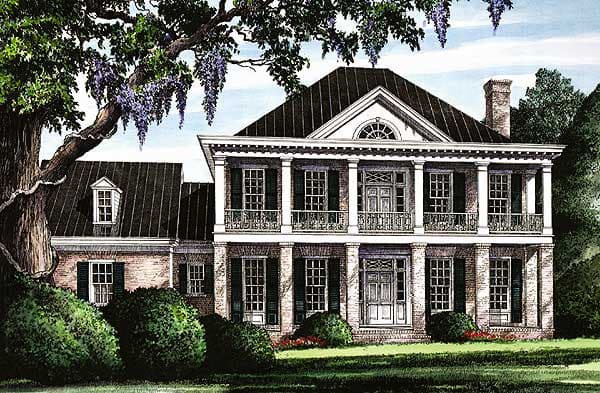 House plan exterior: Two-story Southern Colonial with double-tiered portico, symmetrical facade, and dormer window.