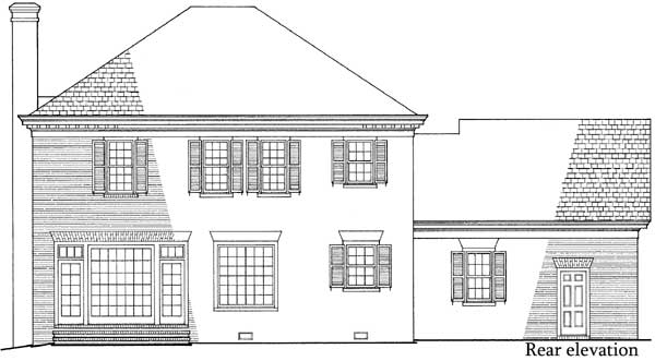 Rear elevation of a two-story house plan with a prominent chimney, multi-pane windows, and a bay window.