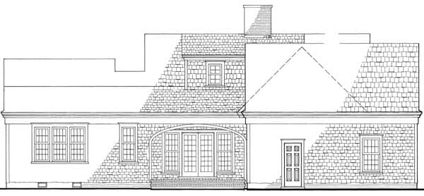 House plan rear elevation: symmetrical facade with arched double doors, multi-pane windows, and prominent rooflines.