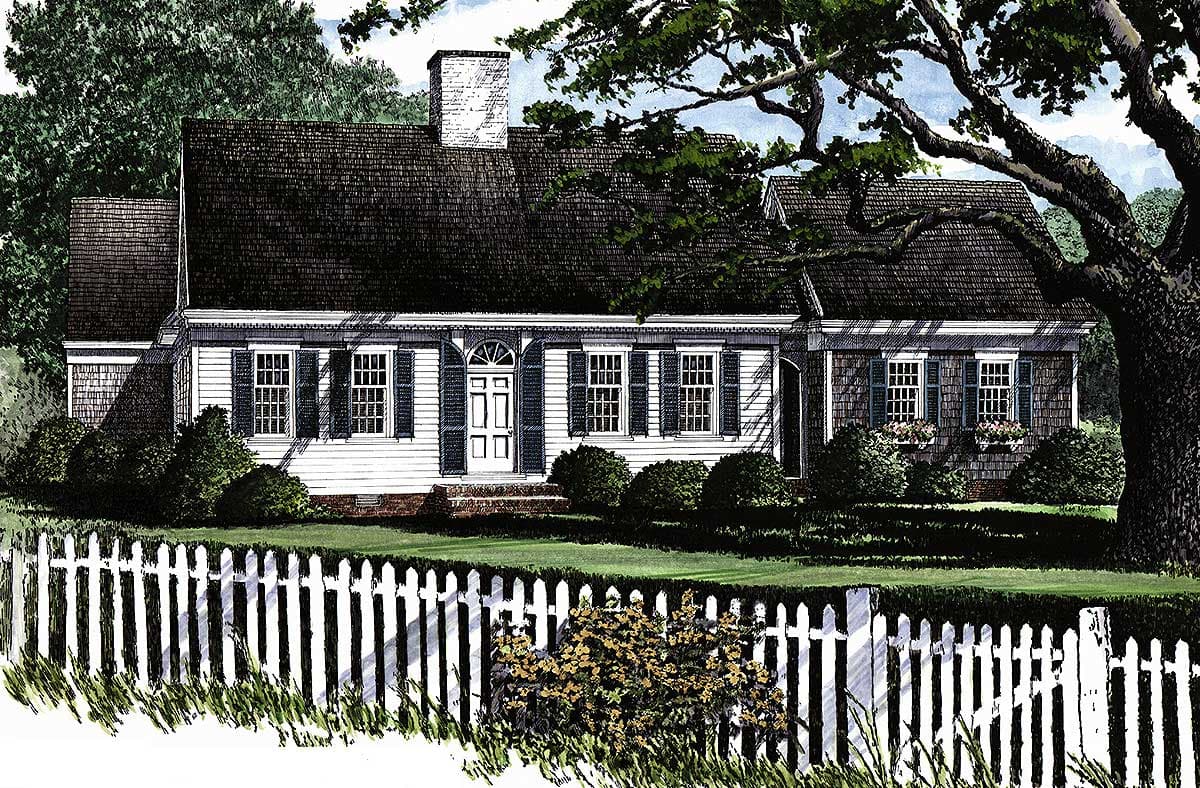House plan exterior: One-story Colonial style with centered entrance, symmetrical windows, dormer, and side gable.