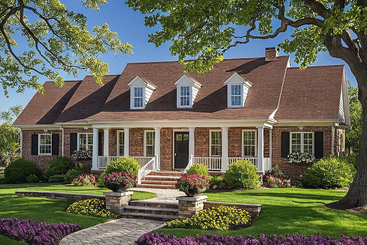 House plan exterior: Two-story brick home with a covered porch, dormer windows, and a gambrel roofline.