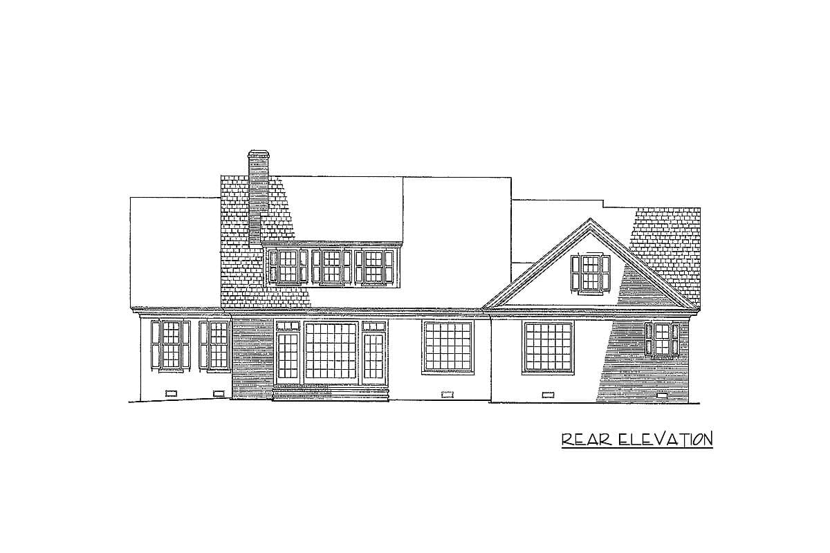 Rear elevation drawing of a two-story house plan with a prominent brick chimney, dormer window, and multiple grid windows.