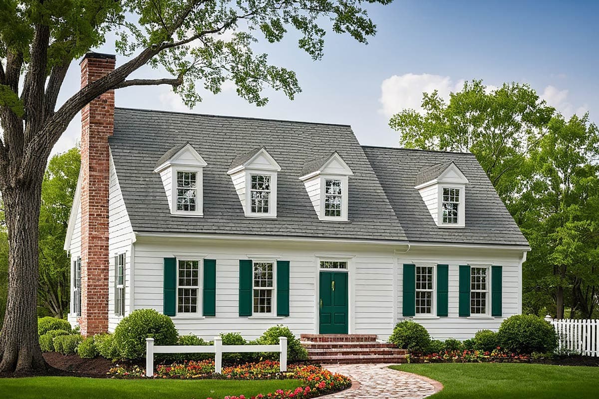 House plan exterior: white two-story home with brick chimney, four dormers, and dark green shutters and door.
