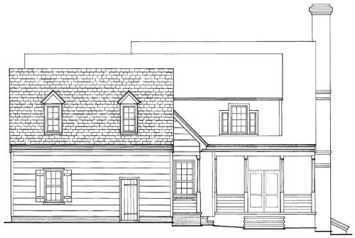 Architectural drawing of a house exterior. Features include dormers, shutters, a front porch with columns, and a large chimney.