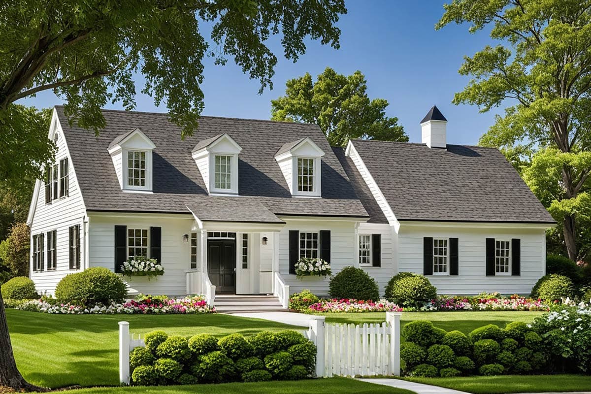 House plan exterior: White two-story Modern Farmhouse with dormers, gabled entrance, and dark shutters.
