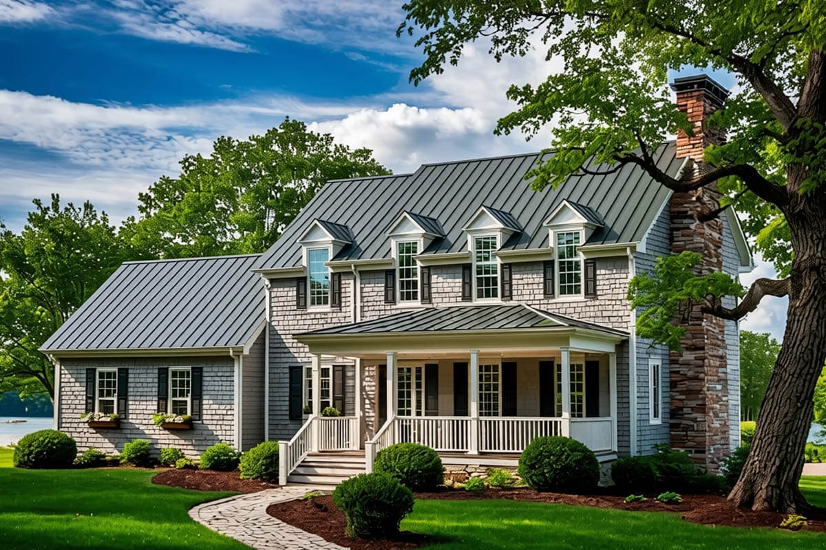 House plan exterior, two stories, gray shake siding, metal roof, dormers, stone chimney, and covered front porch.
