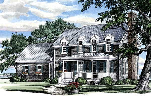 House plan exterior: two-story home with metal roof, dormers, gabled rooflines, and covered front porch.