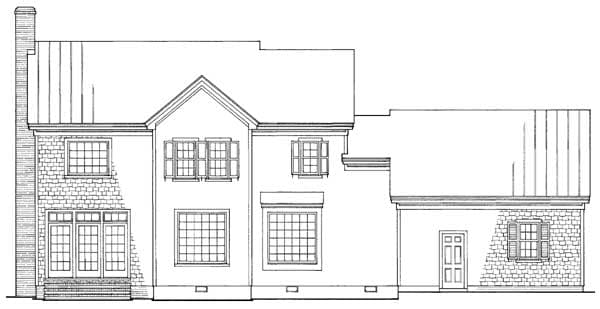 House plan exterior drawing showing a two-story home with a brick chimney, multi-pane windows, and a gabled roofline.