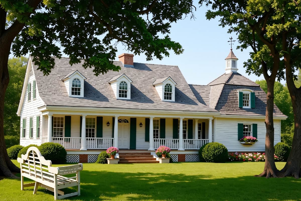 House plan exterior: Traditional style, two stories, wraparound porch, dormers, and a cupola.