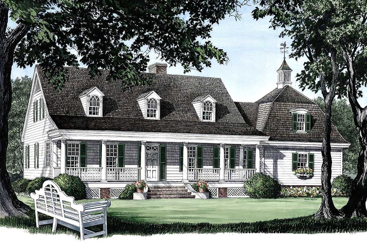 House plan exterior: Colonial style, two stories, full-width porch, dormers, gambrel roof section with cupola.