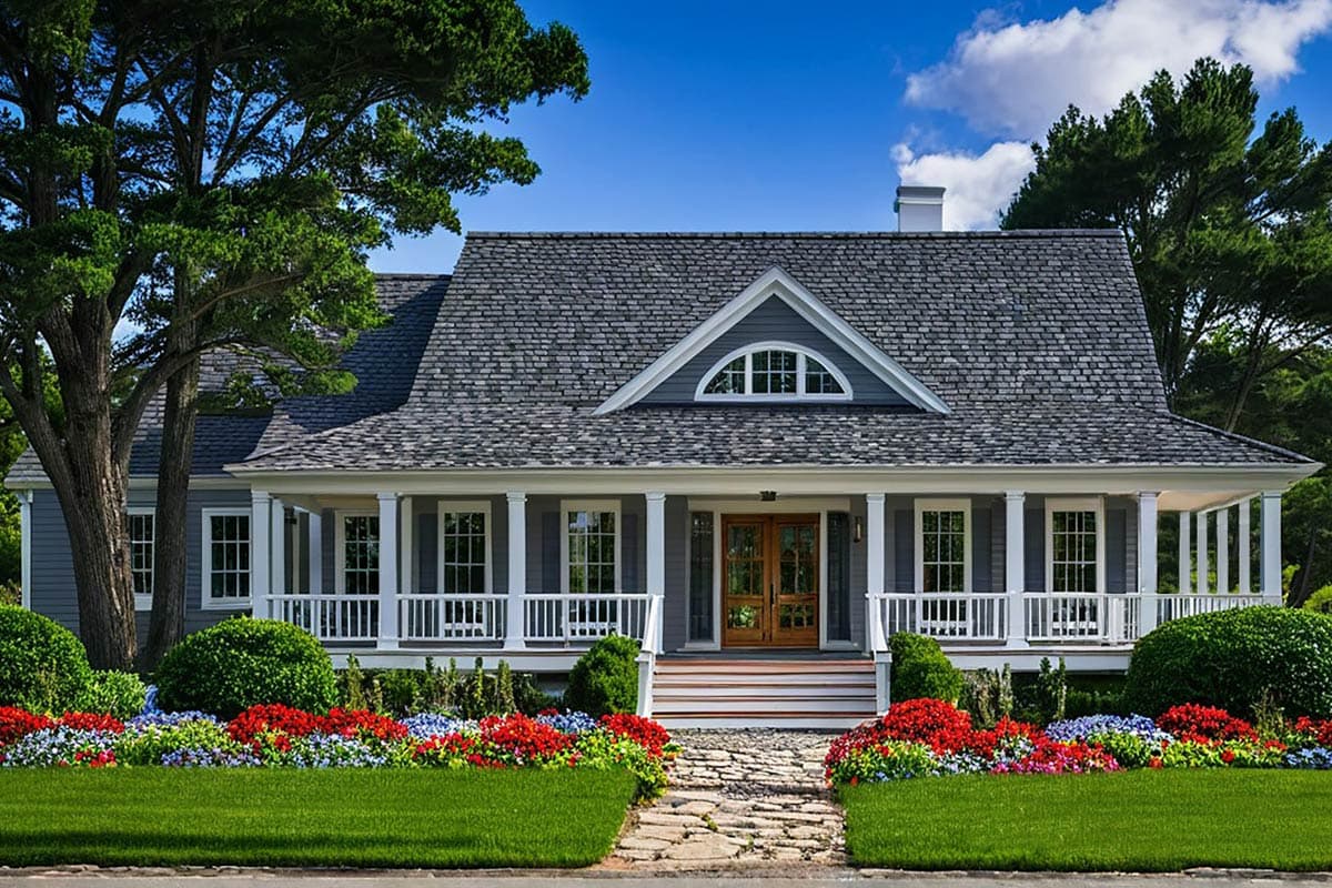 House plan exterior: One-and-a-half story home with a full-width porch, gabled dormer, and gray shingle roof.