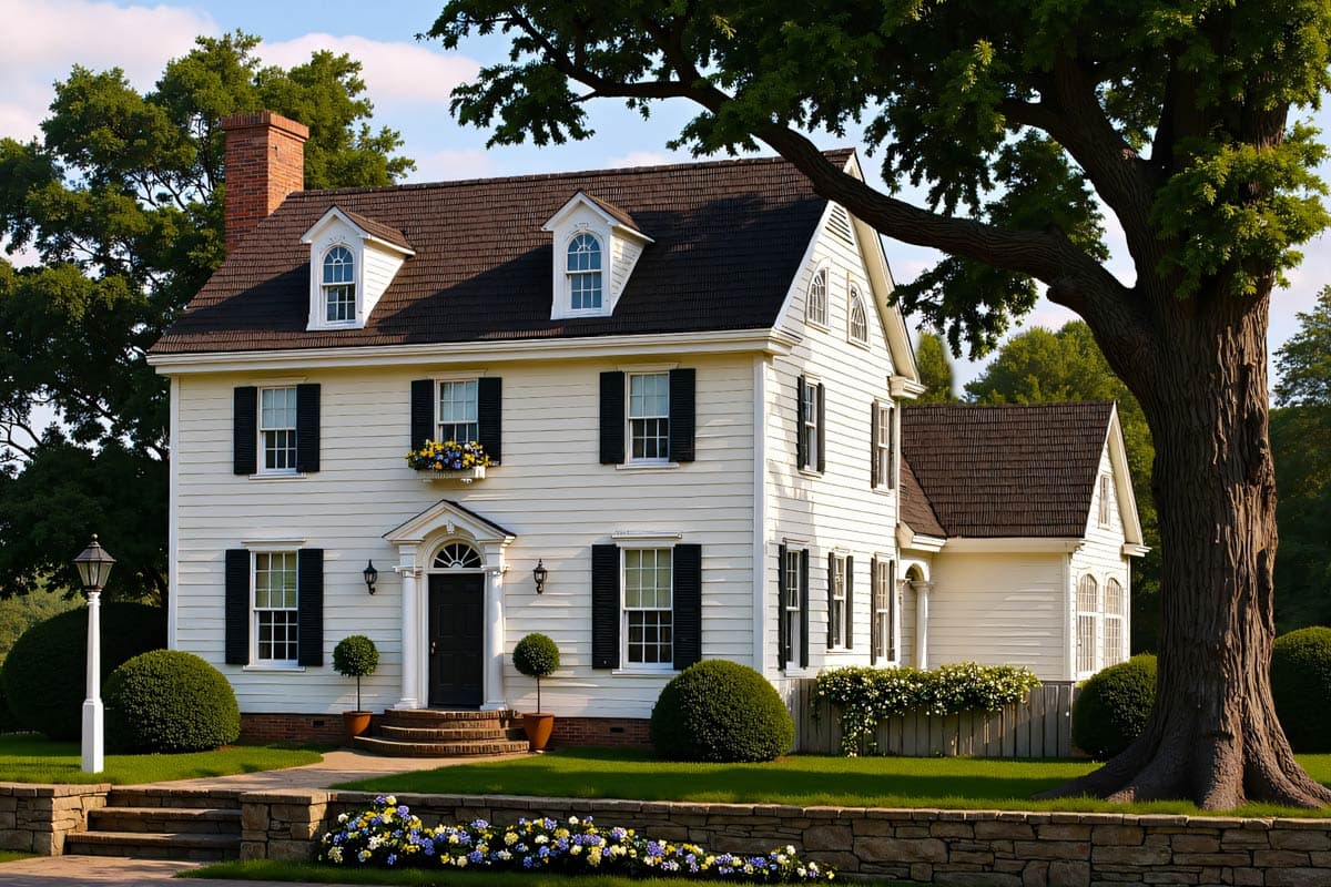 House plan exterior: Two-story white clapboard home with dark shutters, dormer windows, and a prominent brick chimney.