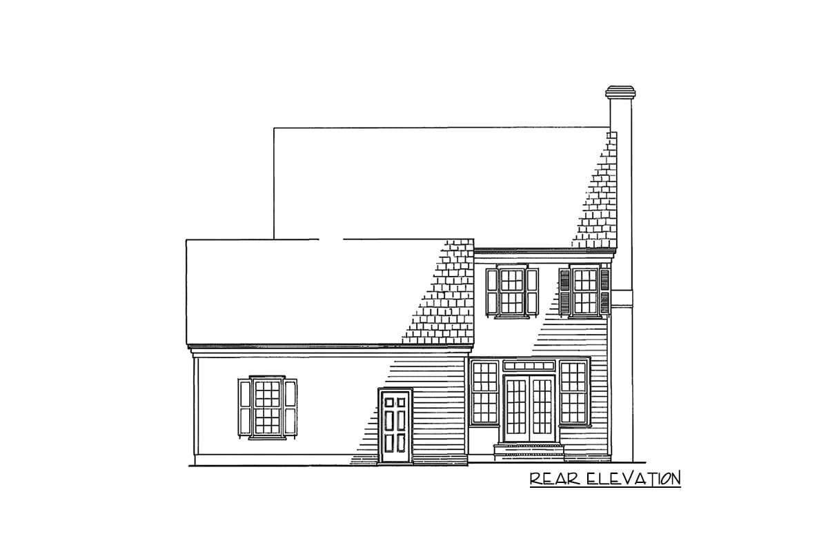 Rear elevation house plan showing a two-story home with a prominent brick chimney, double doors, and multiple multi-pane windows.