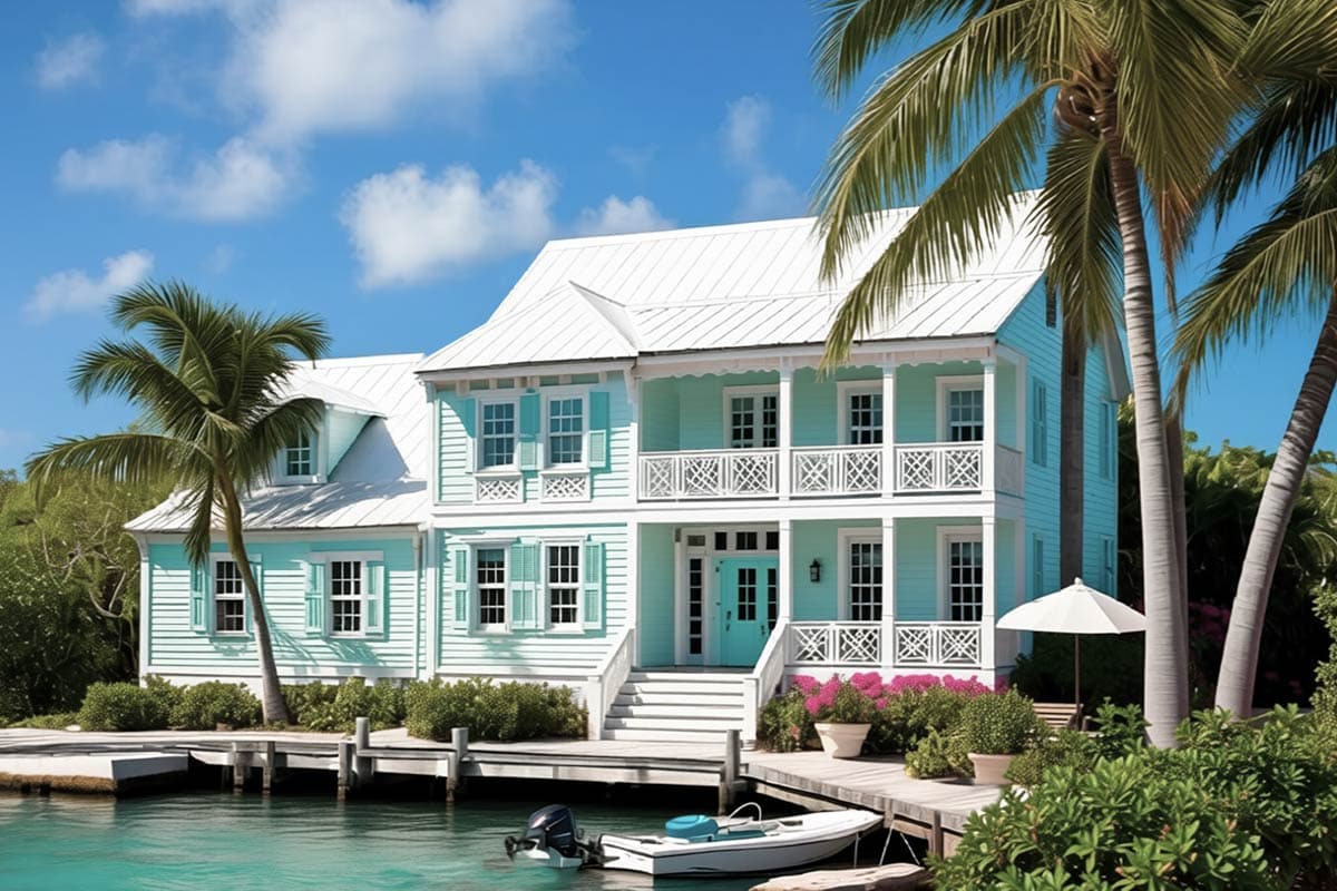 House plan exterior: Two-story coastal home with metal roof, wraparound porches, and gabled dormers.