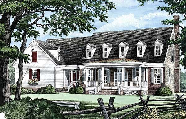 House plan exterior: Two-story, red brick and white siding, central covered porch with columns, five dormer windows.